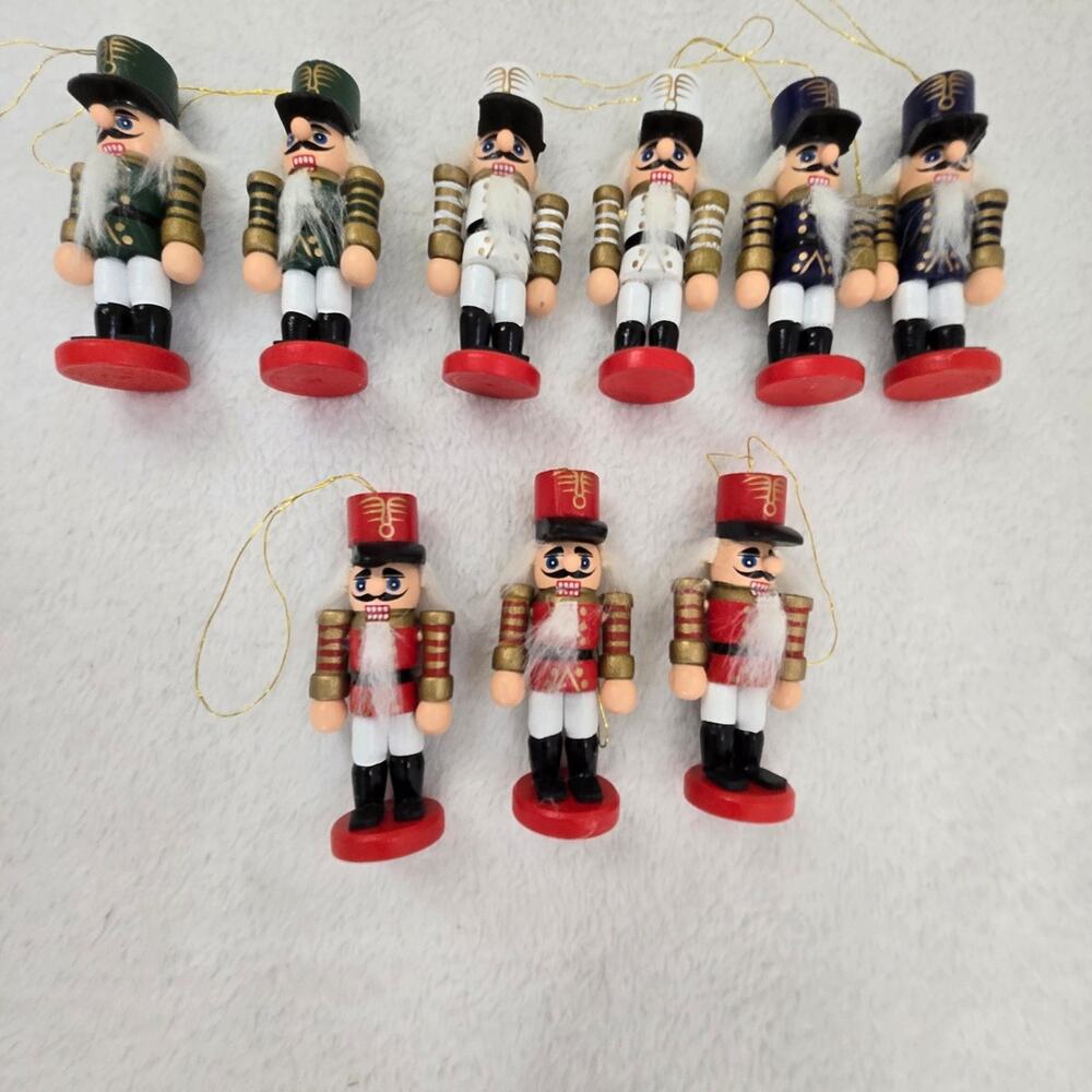 Set of 9 Vintage 3" Wooden Nutcracker Soldier Christmas Tree Ornaments.
